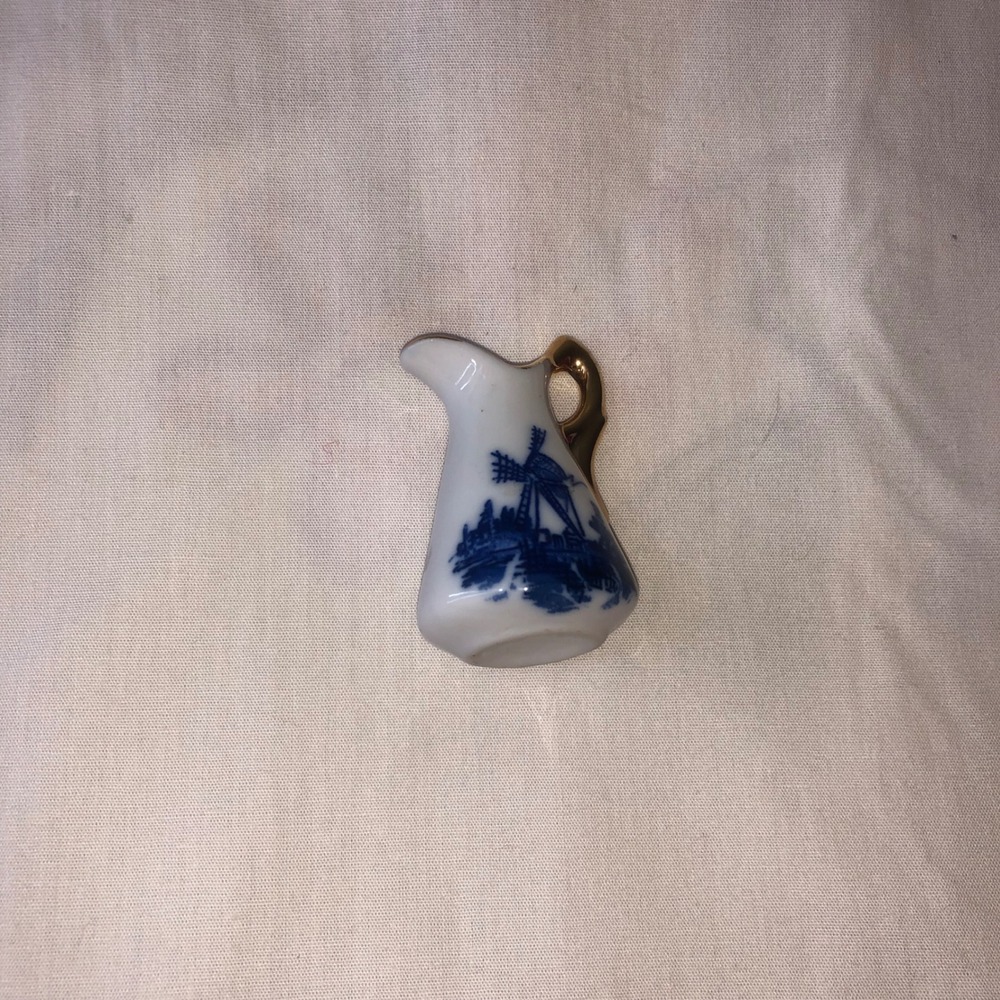 Miniature Porcelain Pitcher Blue Windmill Gold Handle Tiny Trinket 2 Inch